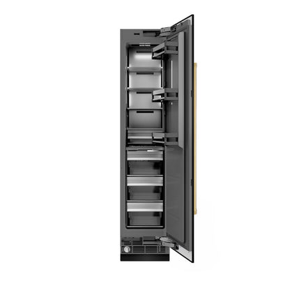 ZLINE Autograph Edition 18 in. 8.6 cu. ft. Right Hinge Column Freezer in Black Stainless Steel with Graphite Gray Interior and Polished Gold Accents (RCFVRZ-BS-18-G) front, open.
