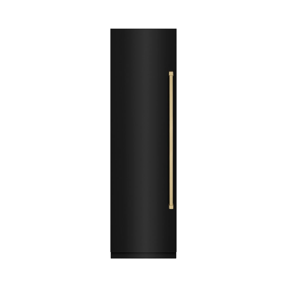 ZLINE Autograph Edition 24 in. 12.4 cu. ft. Column Freezer in Black Stainless Steel with Graphite Gray Interior and Champagne Bronze Accents (RCFVZ-BS-24-CB) front, closed.