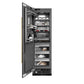 ZLINE Autograph Edition 24 in. 12.4 cu. ft. Column Freezer in Black Stainless Steel with Graphite Gray Interior and Champagne Bronze Accents (RCFVZ-BS-24-CB) front, open, with food inside.