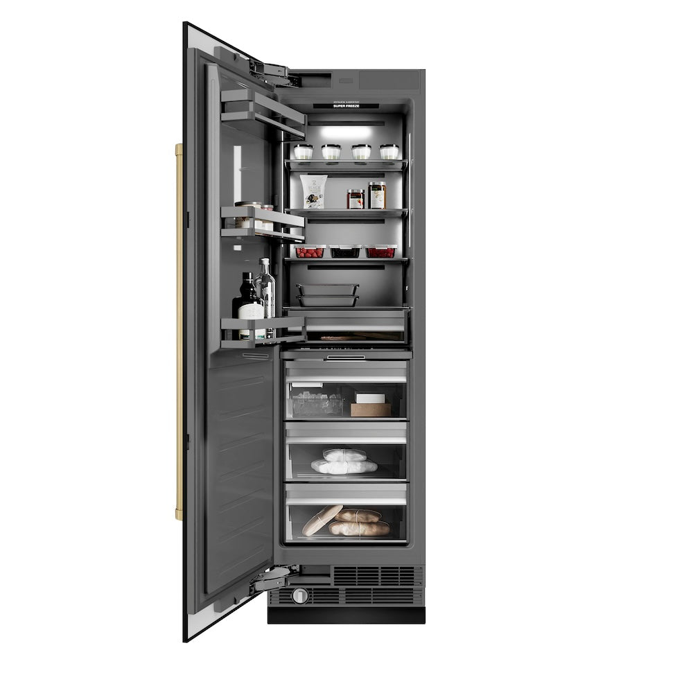 ZLINE Autograph Edition 24 in. 12.4 cu. ft. Column Freezer in Black Stainless Steel with Graphite Gray Interior and Champagne Bronze Accents (RCFVZ-BS-24-CB) front, open, with food inside.