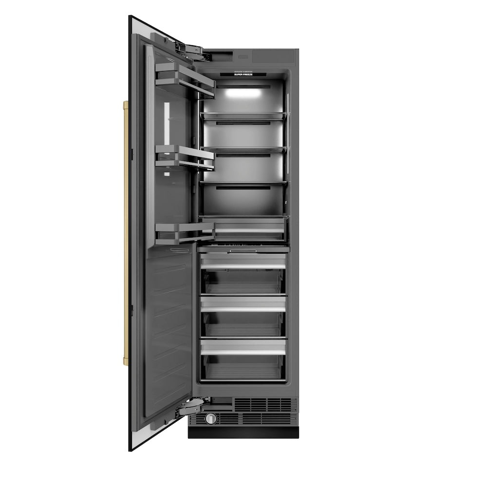 ZLINE Autograph Edition 24 in. 12.4 cu. ft. Column Freezer in Black Stainless Steel with Graphite Gray Interior and Champagne Bronze Accents (RCFVZ-BS-24-CB) main image.