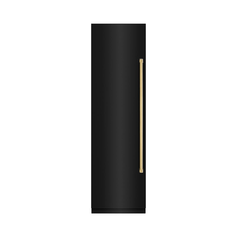 ZLINE Autograph Edition 24 in. 12.4 cu. ft. Column Freezer in Black Stainless Steel with Graphite Gray Interior and Polished Gold Accents (RCFVZ-BS-24-G) front, closed.