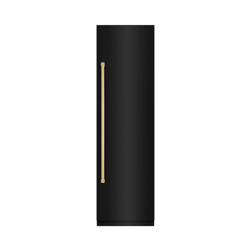 ZLINE Autograph Edition 24 in. 12.5 cu. ft. Column Refrigerator in Black Stainless Steel with Graphite Gray Interior and Polished Gold Accents (RCRVZ-BS-24-G) front, closed.