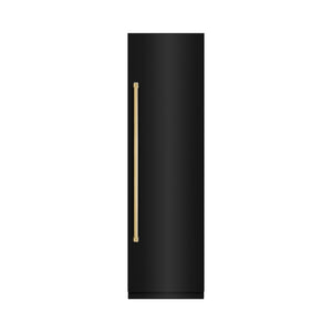 ZLINE Autograph Edition 24 in. 12.5 cu. ft. Column Refrigerator in Black Stainless Steel with Graphite Gray Interior and Polished Gold Accents (RCRVZ-BS-24-G) front, closed.