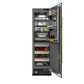 ZLINE Autograph Edition 24 in. 12.5 cu. ft. Column Refrigerator in Black Stainless Steel with Graphite Gray Interior and Polished Gold Accents (RCRVZ-BS-24-G) front, open, with food inside.