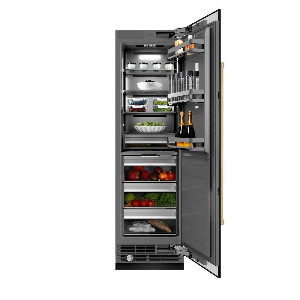 ZLINE Autograph Edition 24 in. 12.5 cu. ft. Column Refrigerator in Black Stainless Steel with Graphite Gray Interior and Polished Gold Accents (RCRVZ-BS-24-G) front, open, with food inside.