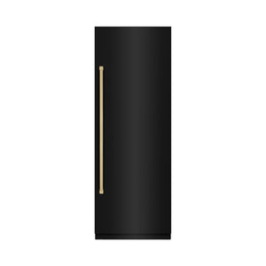 ZLINE Autograph Edition 30 in. 16.7 cu. ft. Column Refrigerator in Black Stainless Steel with Graphite Gray Interior and Champagne Bronze Accents (RCRVZ-BS-30-CB) front, closed.