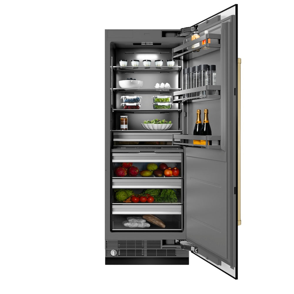 ZLINE Autograph Edition 30 in. 16.7 cu. ft. Column Refrigerator in Black Stainless Steel with Graphite Gray Interior and Champagne Bronze Accents (RCRVZ-BS-30-CB) front, open, displaying various food and drink items.