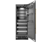 ZLINE Autograph Edition 30 in. 16.7 cu. ft. Column Refrigerator in Black Stainless Steel with Graphite Gray Interior and Champagne Bronze Accents (RCRVZ-BS-30-CB) front, open.