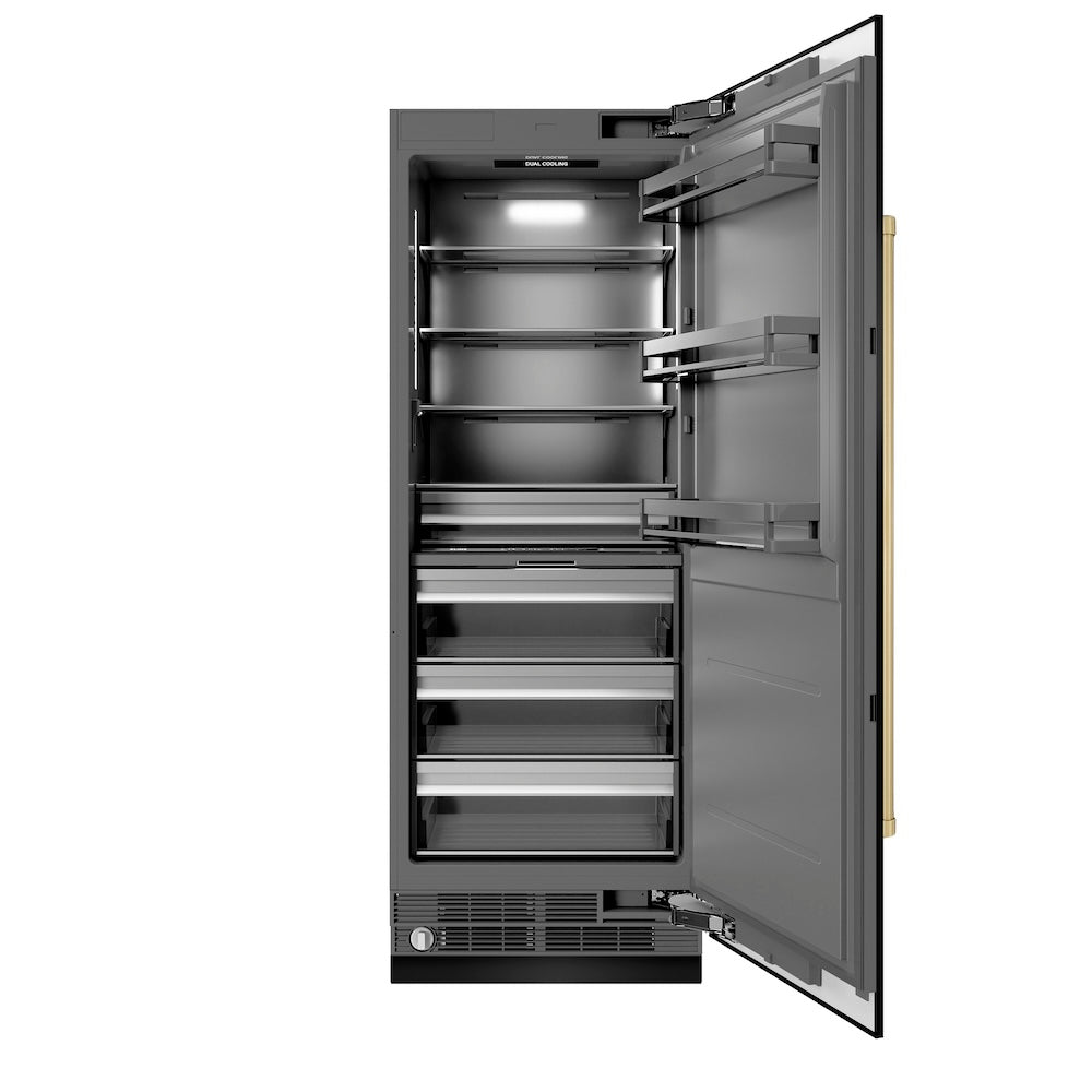 ZLINE Autograph Edition 30 in. 16.7 cu. ft. Column Refrigerator in Black Stainless Steel with Graphite Gray Interior and Champagne Bronze Accents (RCRVZ-BS-30-CB) front, open.