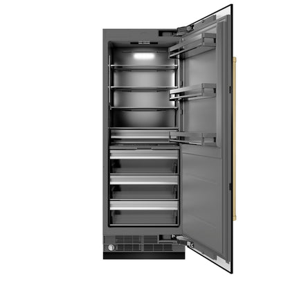 ZLINE Autograph Edition 30 in. 16.7 cu. ft. Column Refrigerator in Black Stainless Steel with Graphite Gray Interior and Champagne Bronze Accents (RCRVZ-BS-30-CB) front, open.