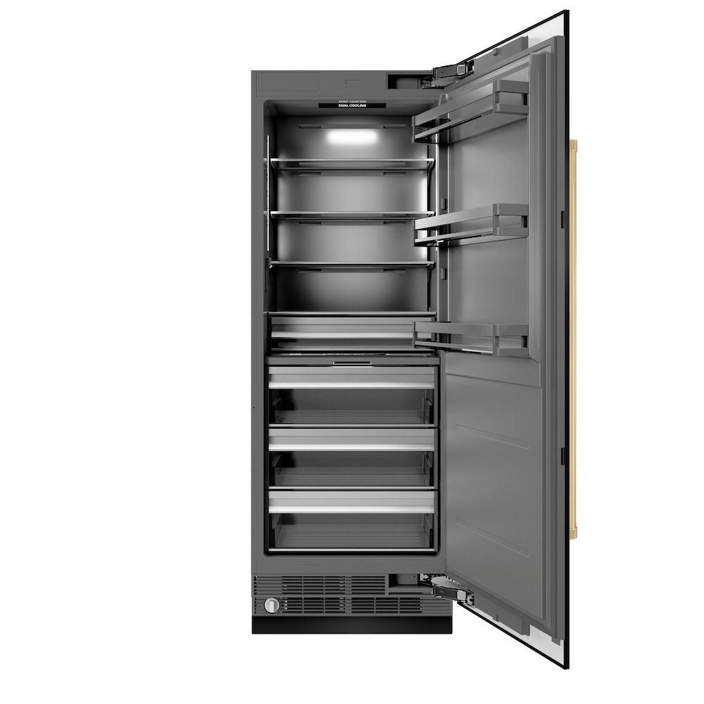 ZLINE Autograph Edition 30 in. 16.7 cu. ft. Column Refrigerator in Black Stainless Steel with Graphite Gray Interior and Polished Gold Accents (RCRVZ-BS-30-G) front, open.