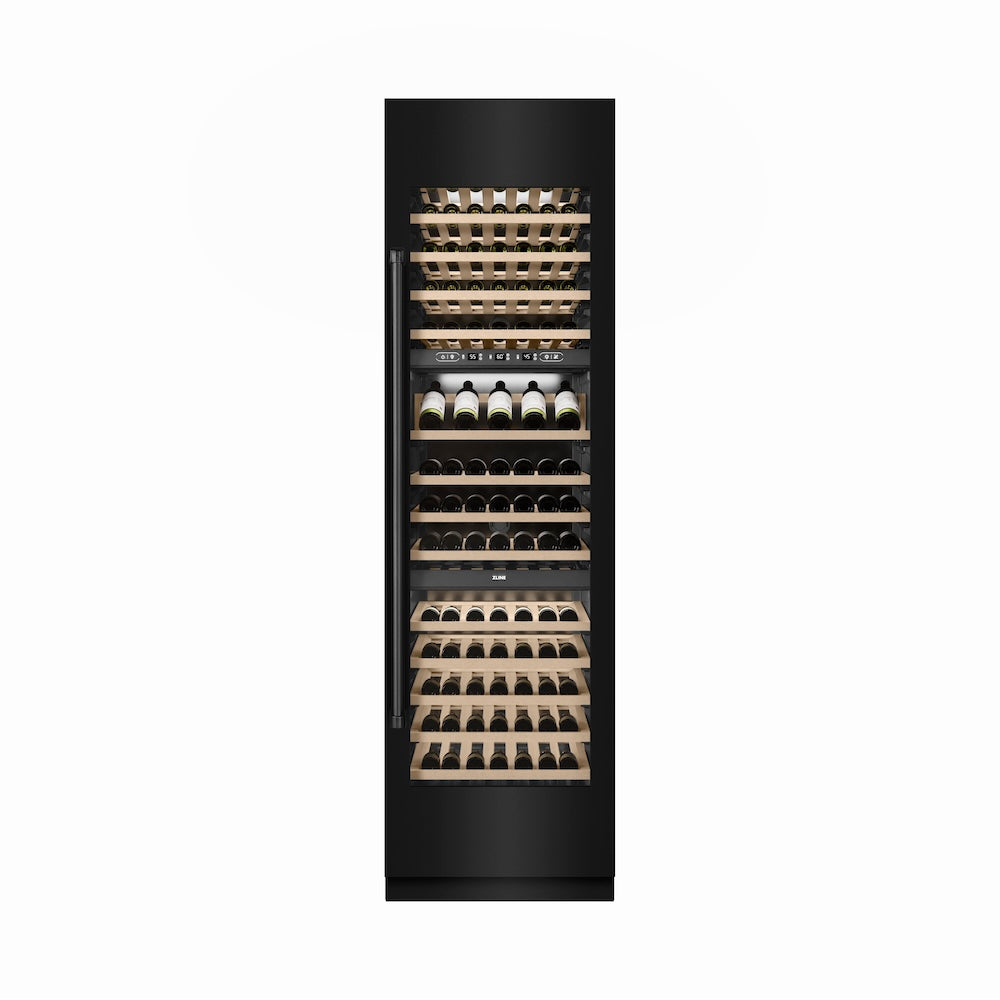 ZLINE 24 in. 12.4 cu. ft. Triple Zone 100 Bottle Column Wine Cooler in Black Stainless Steel (RCWV-BS-24) front, closed.