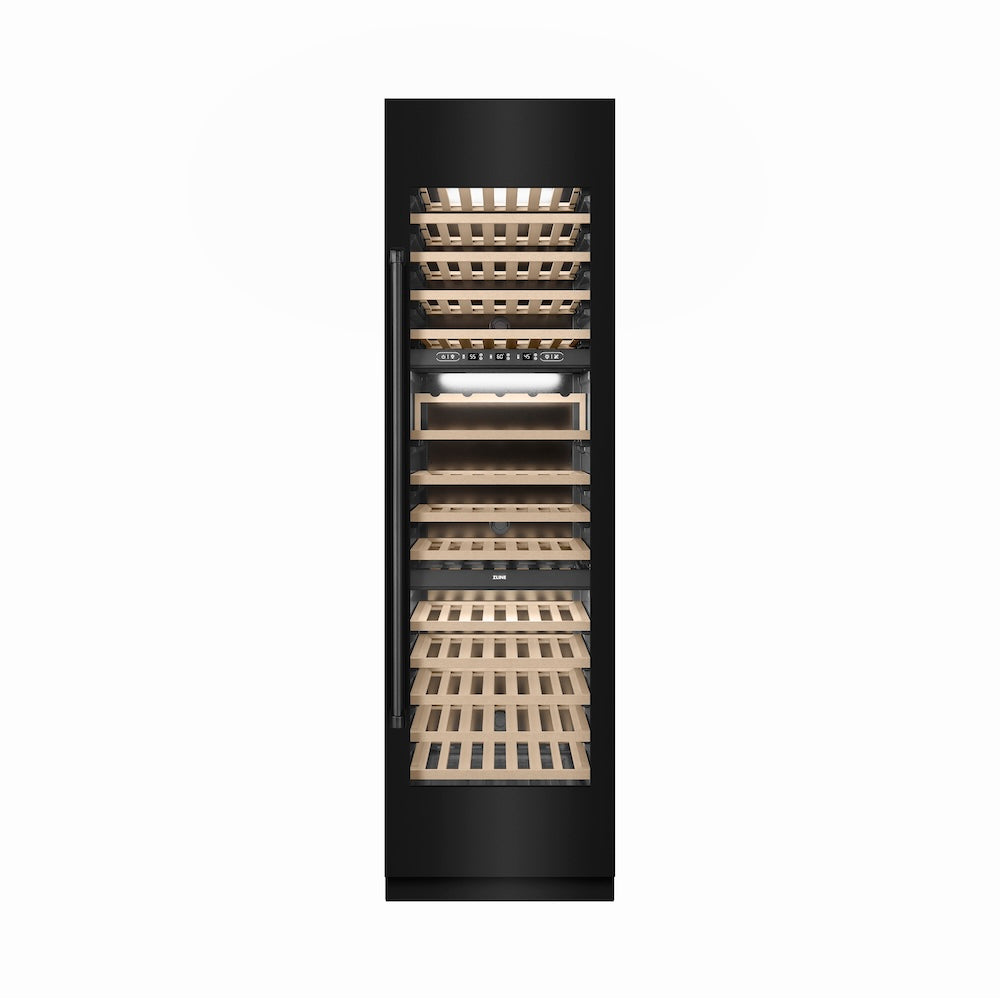 ZLINE 24 in. 12.4 cu. ft. Triple Zone 100 Bottle Column Wine Cooler in Black Stainless Steel (RCWV-BS-24) front, closed.