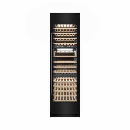 ZLINE 24 in. 12.4 cu. ft. Triple Zone 100 Bottle Column Wine Cooler in Black Stainless Steel (RCWV-BS-24) front, closed.