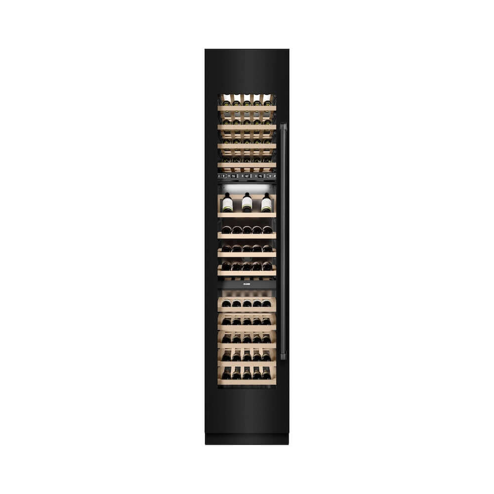 ZLINE 18 in. 9.0 cu. ft. Triple Zone 68 Bottle Left Hinge Column Wine Cooler in Black Stainless Steel (RCWVL-BS-18) front, closed.