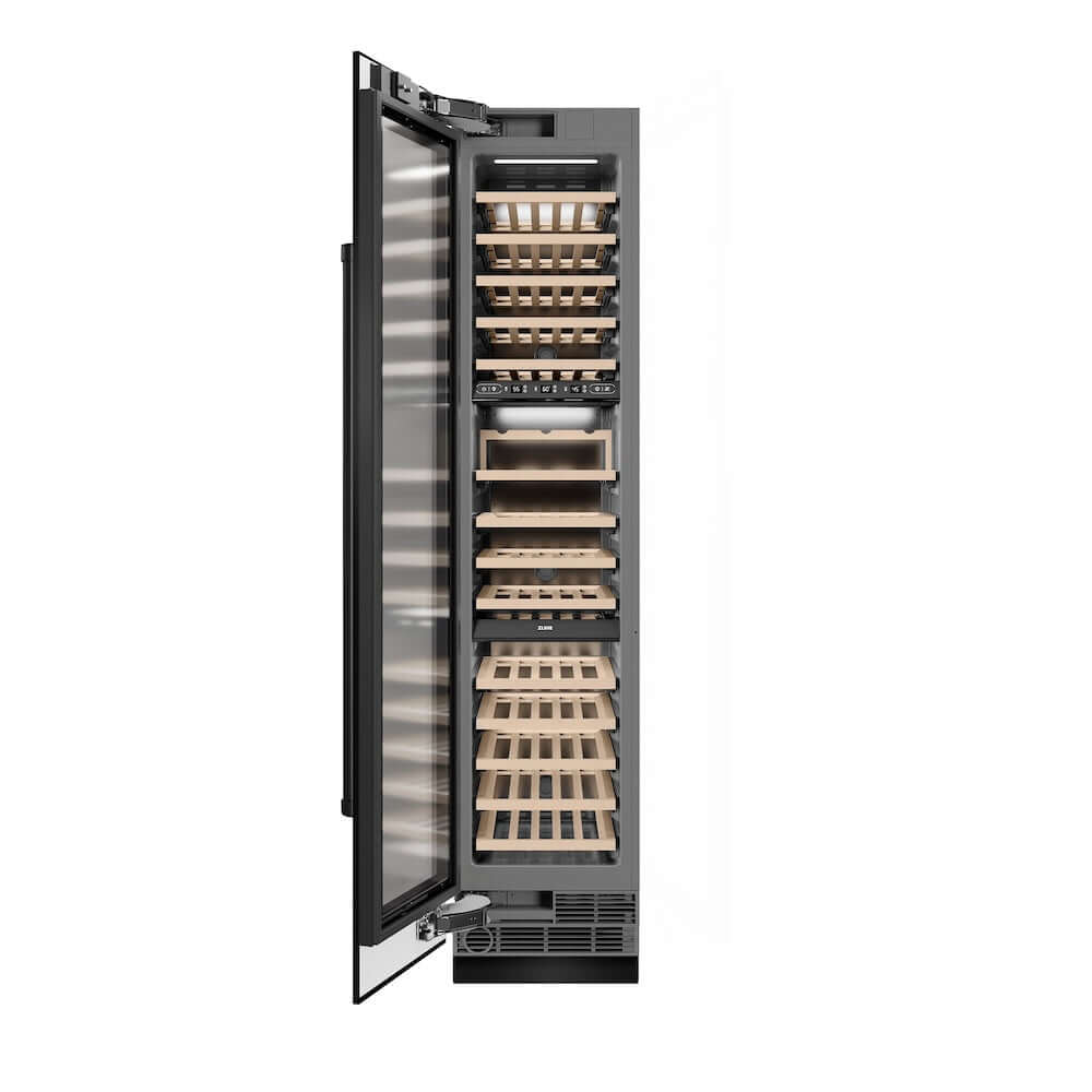 ZLINE 18 in. 9.0 cu. ft. Triple Zone 68 Bottle Left Hinge Column Wine Cooler in Black Stainless Steel (RCWVL-BS-18) front, open.