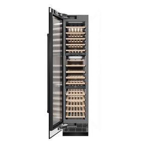 ZLINE 18 in. 9.0 cu. ft. Triple Zone 68 Bottle Left Hinge Column Wine Cooler in Black Stainless Steel (RCWVL-BS-18) front, open.