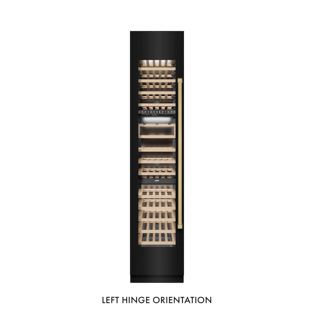 ZLINE Autograph Edition 18 in. 9.0 cu. ft. Triple Zone 68 Bottle Left Hinge Column Wine Cooler in Black Stainless Steel with Champagne Bronze Accents (RCWVLZ-BS-18-CB) front, closed.