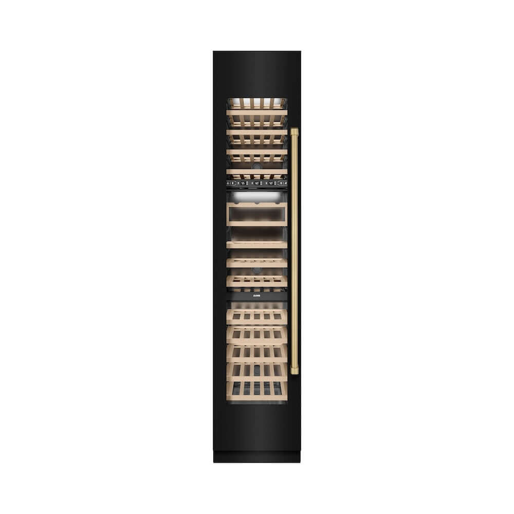 ZLINE Autograph Edition 18 in. 9.0 cu. ft. Triple Zone 68 Bottle Left Hinge Column Wine Cooler in Black Stainless Steel with Champagne Bronze Accents (RCWVLZ-BS-18-CB) front, closed.