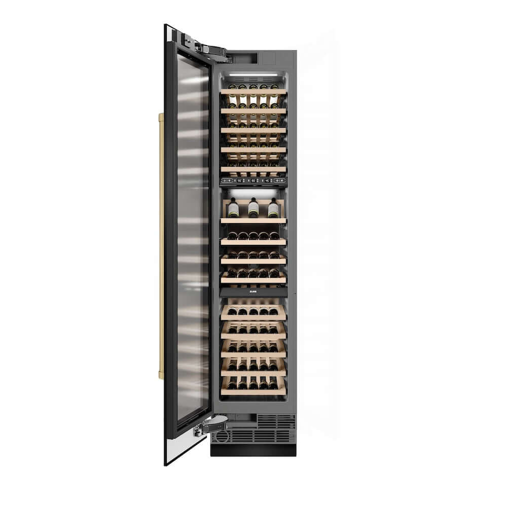 ZLINE Autograph Edition 18 in. 9.0 cu. ft. Triple Zone 68 Bottle Left Hinge Column Wine Cooler in Black Stainless Steel with Champagne Bronze Accents (RCWVLZ-BS-18-CB) front, open.