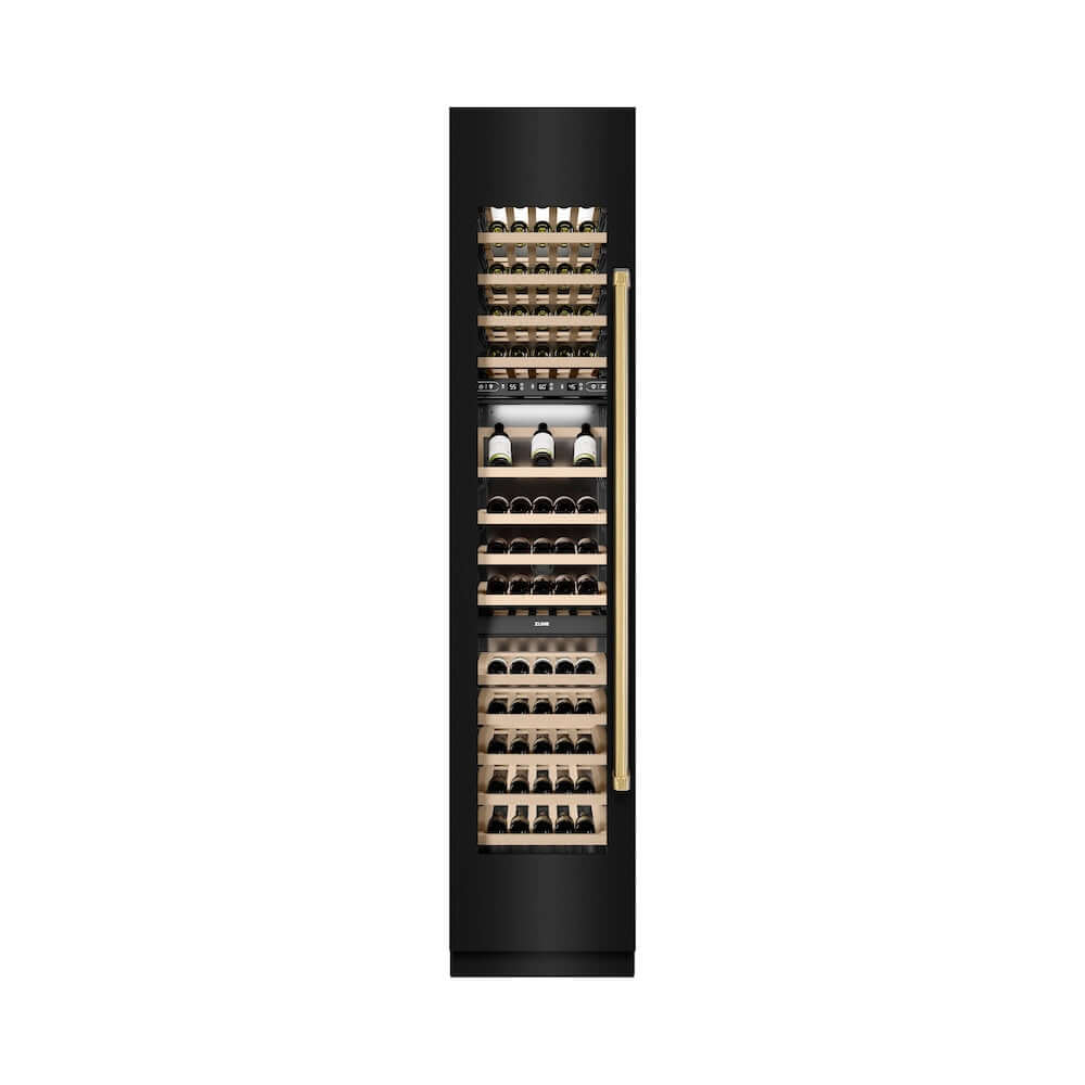 ZLINE Autograph Edition 18 in. 9.0 cu. ft. Triple Zone 68 Bottle Left Hinge Column Wine Cooler in Black Stainless Steel with Polished Gold Accents (RCWVLZ-BS-18-G) front, closed.