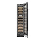 ZLINE 18 in. 9.0 cu. ft. Triple Zone 68 Bottle Right Hinge Column Wine Cooler in Black Stainless Steel (RCWVR-BS-18) front, open.