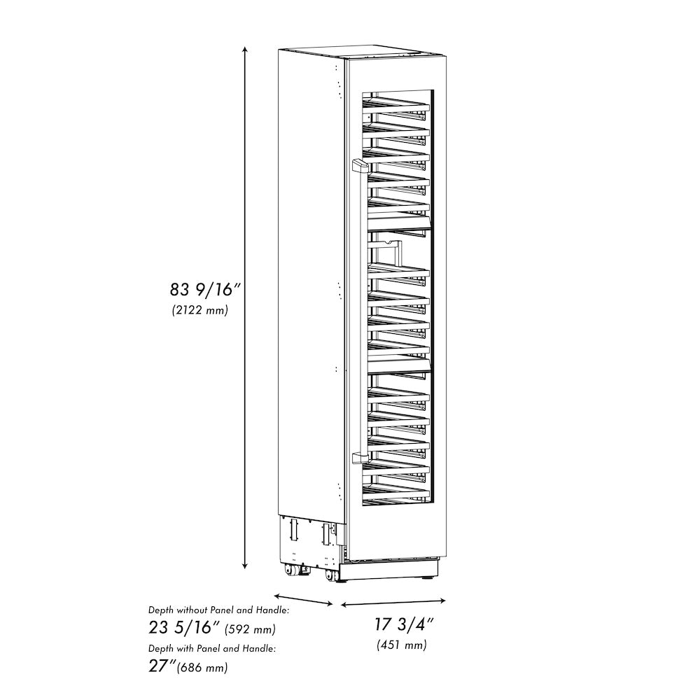 ZLINE Autograph Edition 18 in. 9.0 cu. ft. Triple Zone 68 Bottle Right Hinge Column Wine Cooler in Black Stainless Steel with Polished Gold Accents (RCWVRZ-BS-18-G) dimensional diagram.