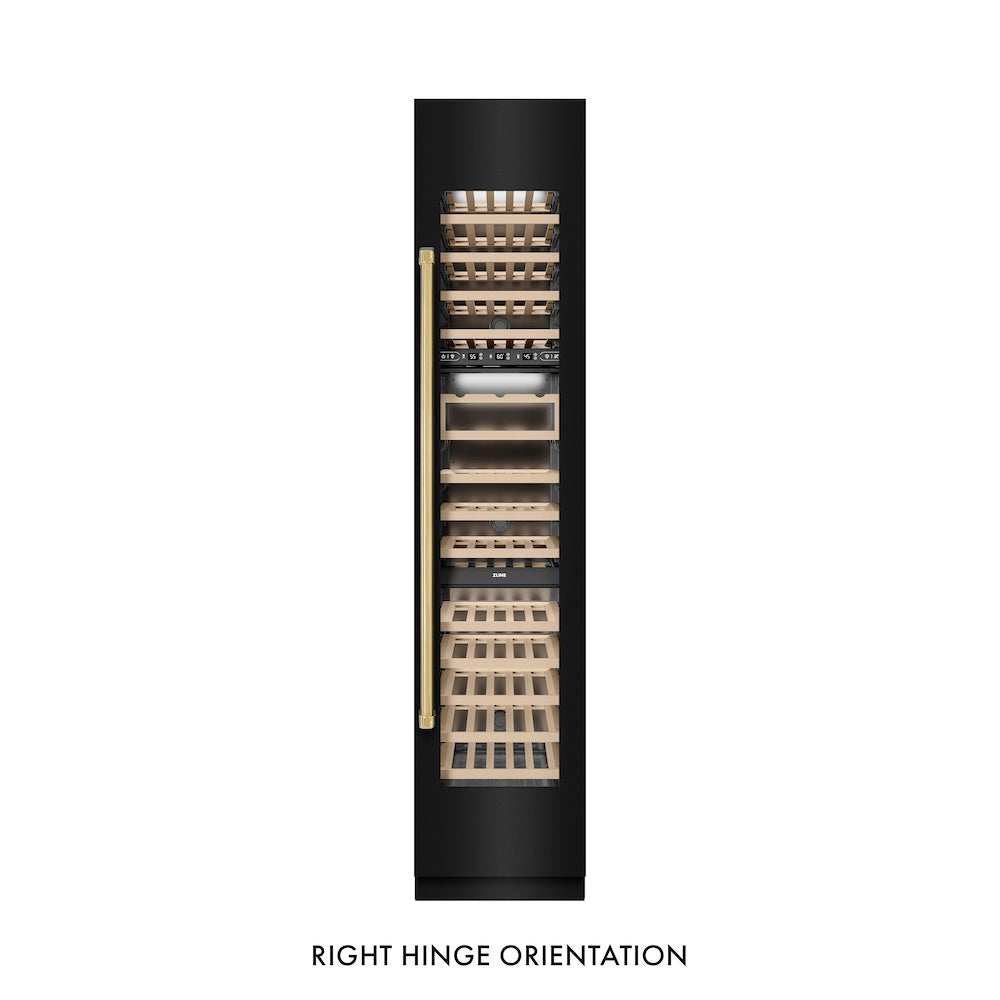 ZLINE Autograph Edition 18 in. 9.0 cu. ft. Triple Zone 68 Bottle Right Hinge Column Wine Cooler in Black Stainless Steel with Polished Gold Accents (RCWVRZ-BS-18-G) front, closed.