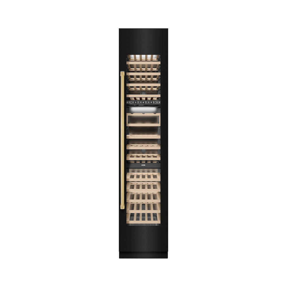 ZLINE Autograph Edition 18 in. 9.0 cu. ft. Triple Zone 68 Bottle Right Hinge Column Wine Cooler in Black Stainless Steel with Polished Gold Accents (RCWVRZ-BS-18-G) front, closed.