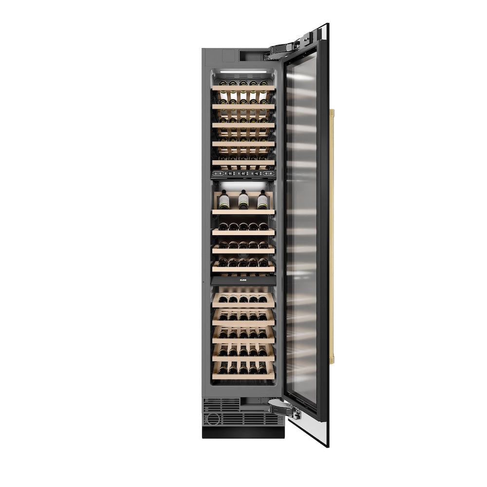 ZLINE Autograph Edition 18 in. 9.0 cu. ft. Triple Zone 68 Bottle Right Hinge Column Wine Cooler in Black Stainless Steel with Polished Gold Accents (RCWVRZ-BS-18-G) front, open.