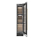 ZLINE Autograph Edition 18 in. 9.0 cu. ft. Triple Zone 68 Bottle Right Hinge Column Wine Cooler in Black Stainless Steel with Polished Gold Accents (RCWVRZ-BS-18-G) front, open.