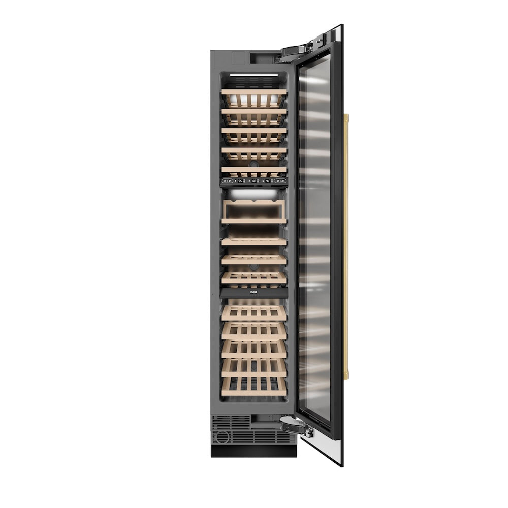 ZLINE Autograph Edition 18 in. 9.0 cu. ft. Triple Zone 68 Bottle Right Hinge Column Wine Cooler in Black Stainless Steel with Polished Gold Accents (RCWVRZ-BS-18-G) front, open.
