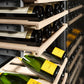 ZLINE Autograph Edition 24 in. 12.4 cu. ft. Triple Zone 100 Bottle Column Wine Cooler in Black Stainless Steel and Champagne Bronze Accents (RCWVZ-BS-24-CB) wine on racks.