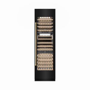 ZLINE Autograph Edition 24 in. 12.4 cu. ft. Triple Zone 100 Bottle Column Wine Cooler in Black Stainless Steel and Champagne Bronze Accents (RCWVZ-BS-24-CB) main image.