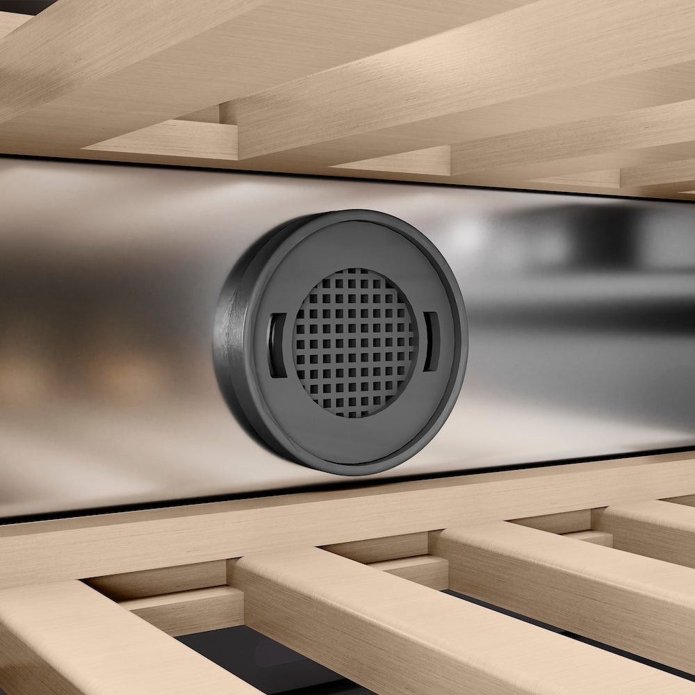 ZLINE Autograph Edition 24 in. 12.4 cu. ft. Triple Zone 100 Bottle Column Wine Cooler in Black Stainless Steel and Polished Gold Accents (RCWVZ-BS-24-G) carbon filter.