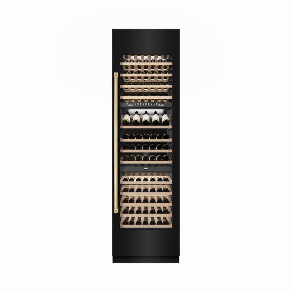 ZLINE Autograph Edition 24 in. 12.4 cu. ft. Triple Zone 100 Bottle Column Wine Cooler in Black Stainless Steel and Polished Gold Accents (RCWVZ-BS-24-G) front, closed.