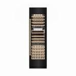 ZLINE Autograph Edition 24 in. 12.4 cu. ft. Triple Zone 100 Bottle Column Wine Cooler in Black Stainless Steel and Polished Gold Accents (RCWVZ-BS-24-G) front, closed.