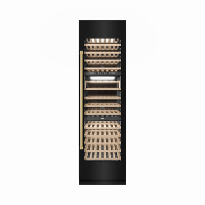 ZLINE Autograph Edition 24 in. 12.4 cu. ft. Triple Zone 100 Bottle Column Wine Cooler in Black Stainless Steel and Polished Gold Accents (RCWVZ-BS-24-G) front, closed.