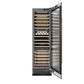 ZLINE Autograph Edition 24 in. 12.4 cu. ft. Triple Zone 100 Bottle Column Wine Cooler in Black Stainless Steel and Polished Gold Accents (RCWVZ-BS-24-G) front, open.