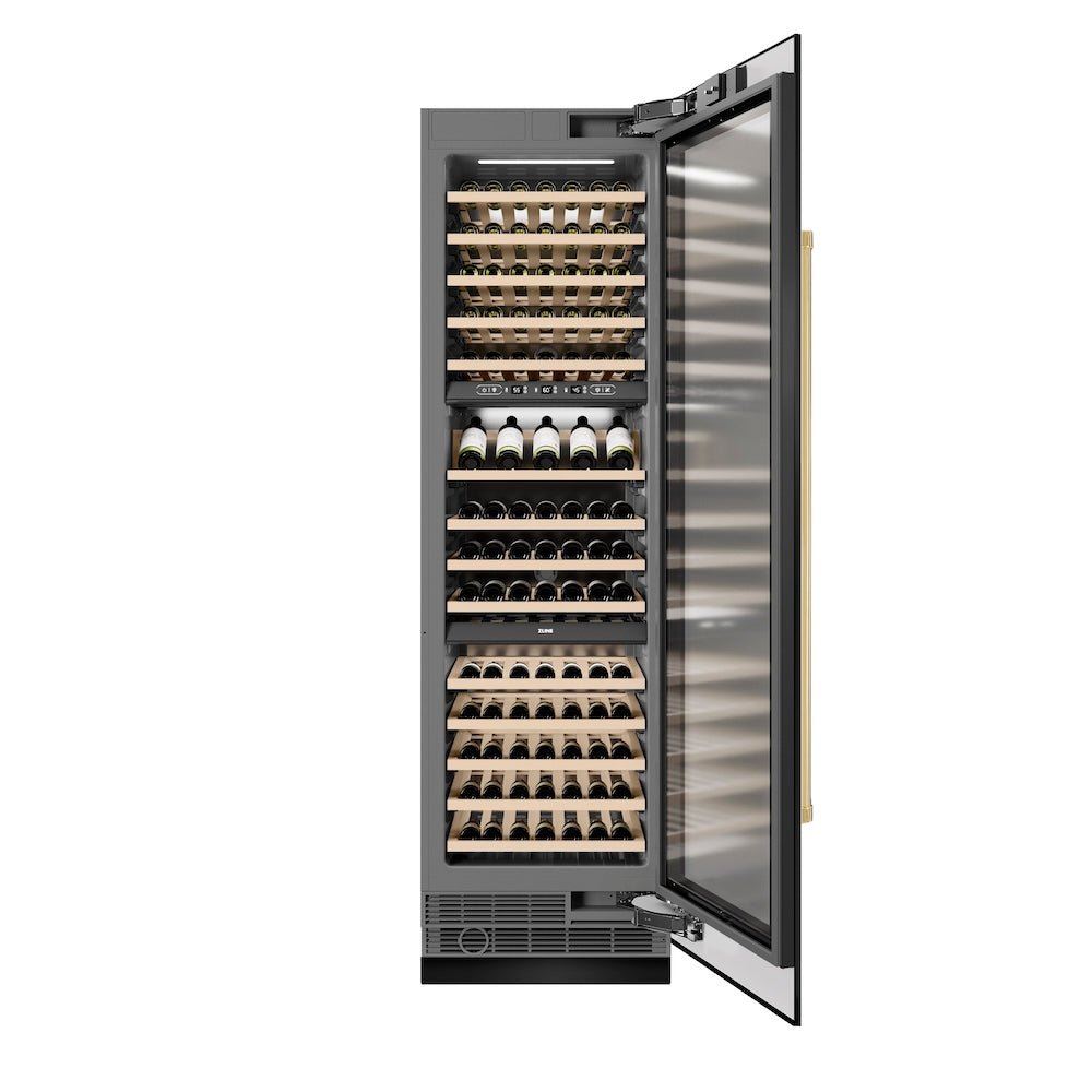 ZLINE Autograph Edition 24 in. 12.4 cu. ft. Triple Zone 100 Bottle Column Wine Cooler in Black Stainless Steel and Polished Gold Accents (RCWVZ-BS-24-G) front, open.