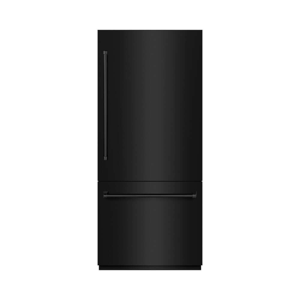 ZLINE 36 in. 19.8 cu. ft. Built-In Bottom Freezer Refrigerator with Water Dispenser and Ice Maker in Black Stainless Steel with Graphite Gray Interior (GRBIT-BS-36) front, closed.