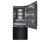 ZLINE 36 in. 19.8 cu. ft. Built-In Bottom Freezer Refrigerator with Water Dispenser and Ice Maker in Black Stainless Steel with Graphite Gray Interior (GRBIT-BS-36) front, refrigeration compartment open.