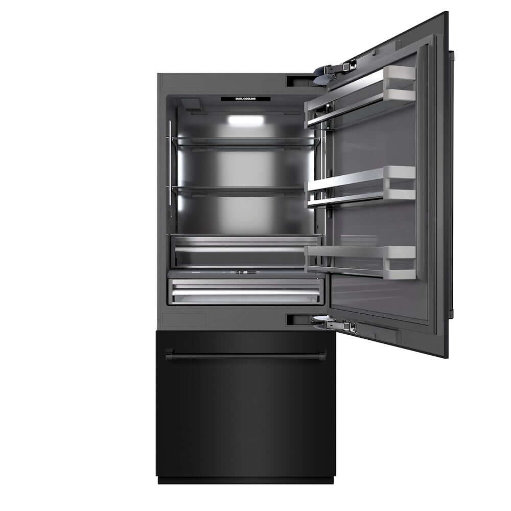 ZLINE 36 in. 19.8 cu. ft. Built-In Bottom Freezer Refrigerator with Water Dispenser and Ice Maker in Black Stainless Steel with Graphite Gray Interior (GRBIT-BS-36) front, refrigeration compartment open.
