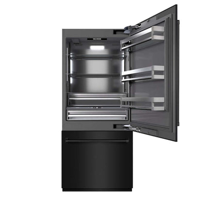 ZLINE 36 in. 19.8 cu. ft. Built-In Bottom Freezer Refrigerator with Water Dispenser and Ice Maker in Black Stainless Steel with Graphite Gray Interior (GRBIT-BS-36) front, refrigeration compartment open.
