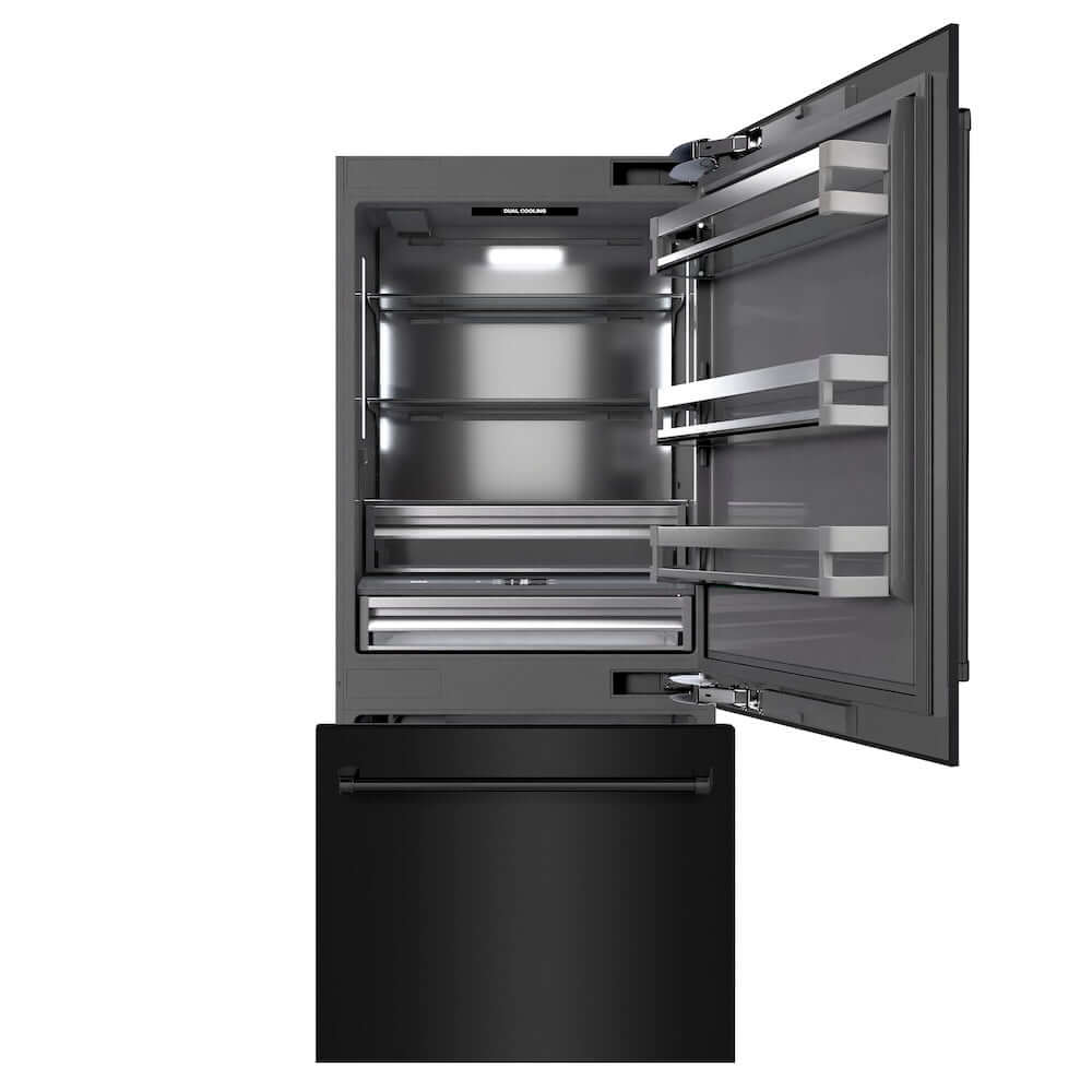 ZLINE 36 in. 19.8 cu. ft. Built-In Bottom Freezer Refrigerator with Water Dispenser and Ice Maker in Black Stainless Steel with Graphite Gray Interior (GRBIT-BS-36) front, refrigeration compartment and bottom freezer open.