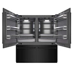 ZLINE 72 in. 39.6 cu. ft. French Door Built-In Bottom Freezer Refrigerator with Water Dispensers and Ice Makers in Black Stainless Steel with Graphite Gray Interior (GRBIT-BS-72) front, refrigeration compartment open.