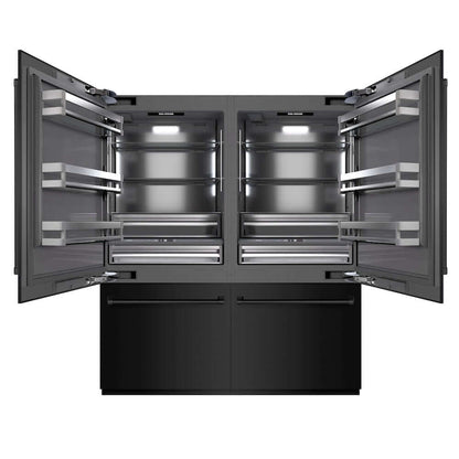 ZLINE 72 in. 39.6 cu. ft. French Door Built-In Bottom Freezer Refrigerator with Water Dispensers and Ice Makers in Black Stainless Steel with Graphite Gray Interior (GRBIT-BS-72) front, refrigeration compartment open.