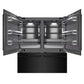 ZLINE 72 in. 39.6 cu. ft. French Door Built-In Bottom Freezer Refrigerator with Water Dispensers and Ice Makers in Black Stainless Steel with Graphite Gray Interior (GRBIT-BS-72) front, refrigeration compartment and bottom freezer open.