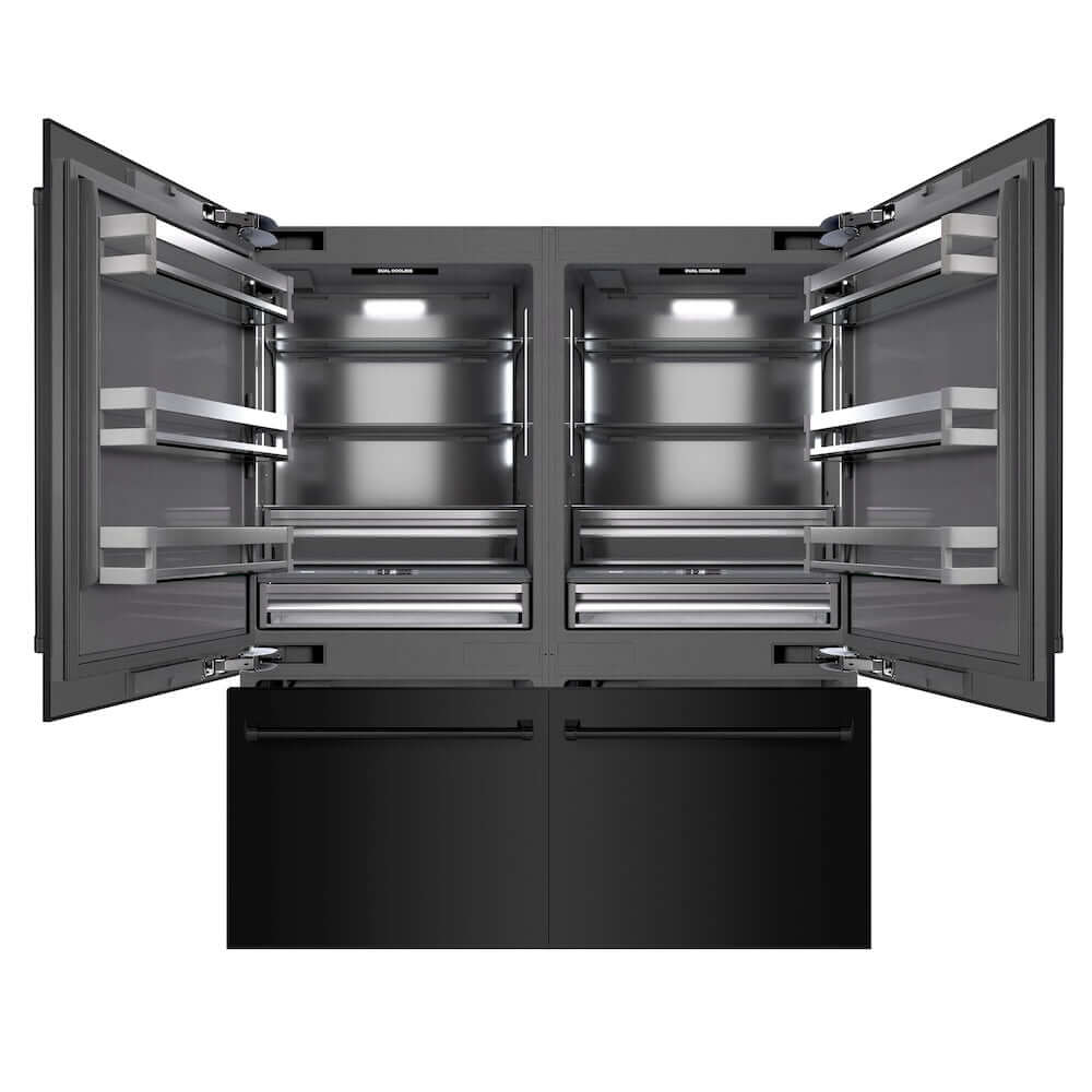 ZLINE 72 in. 39.6 cu. ft. French Door Built-In Bottom Freezer Refrigerator with Water Dispensers and Ice Makers in Black Stainless Steel with Graphite Gray Interior (GRBIT-BS-72) front, refrigeration compartment and bottom freezer open.
